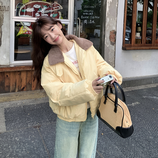 实拍2025新羽绒棉服女冬季短款羊羔毛小个子保暖宽松复古棉衣外套