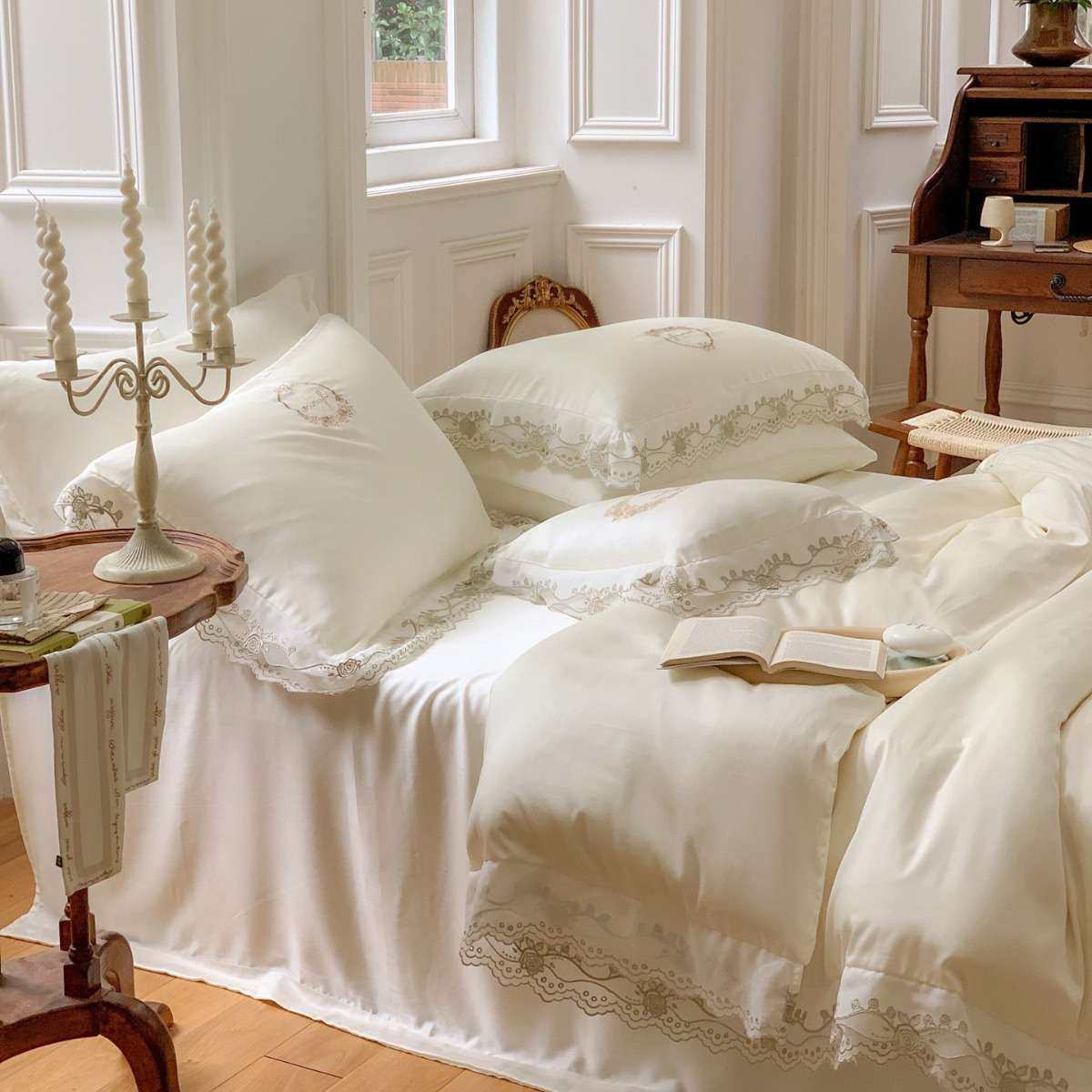 春夏季法式公主风80支兰精天丝四件套刺绣花边被罩凉感床品