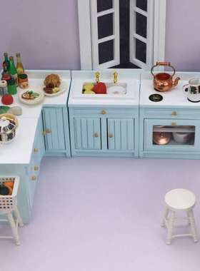 1：12娃娃屋厨房摆件模型DOLLHOUSE仿真转角橱柜蓝色灶台OB11可用