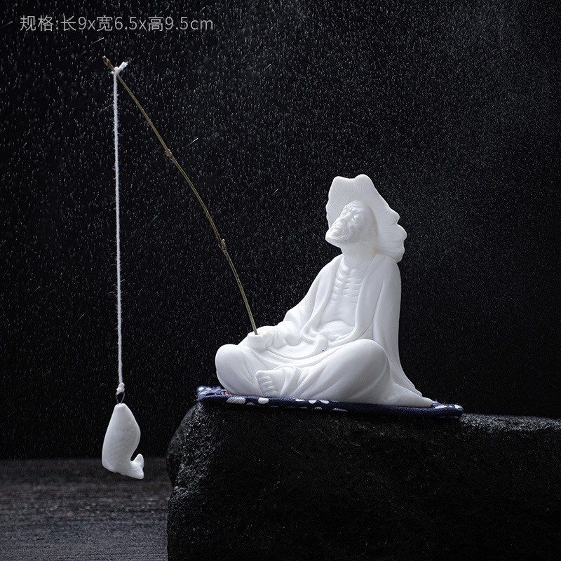 创意姜太公钓鱼翁小陶瓷人物家居摆件客厅鱼缸微景观假山流水摆设