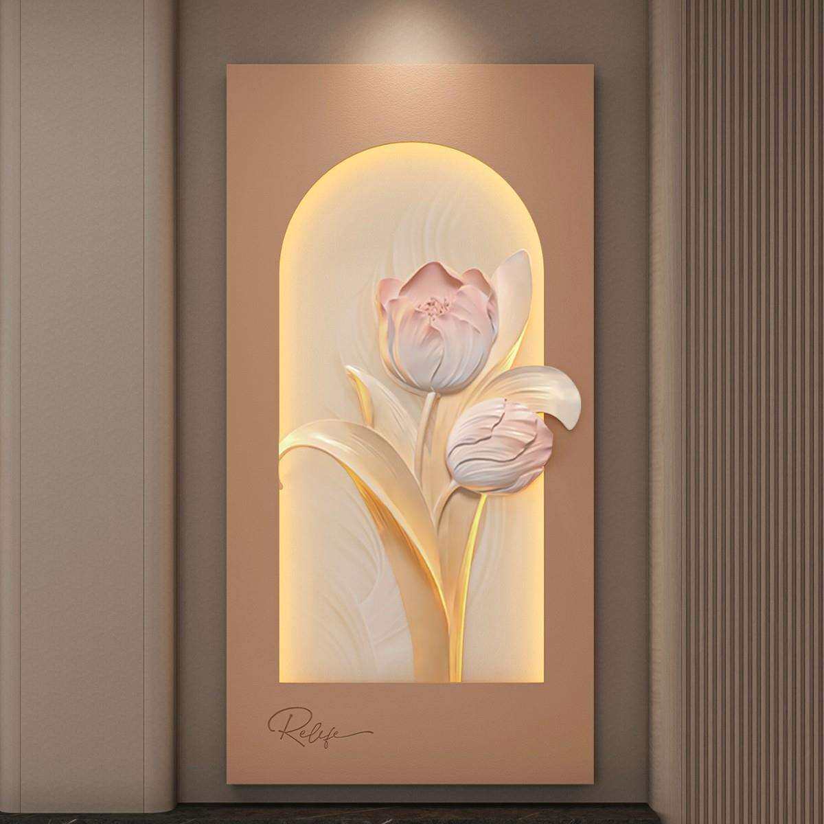 奶油风郁金香3D立体浮雕家用家居高端走廊过道进门玄关灯光装饰画