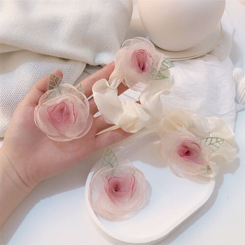 Mesh Camellia Flower Elastic Hair Band for Women Stylish Pon