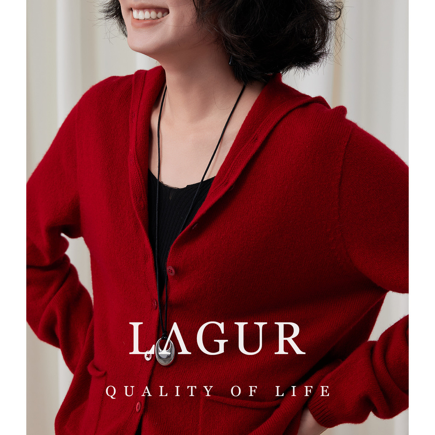 Lagur＜暖融融＞羊毛羊绒混纺红色连帽开衫慵懒风针织衫薄外套女