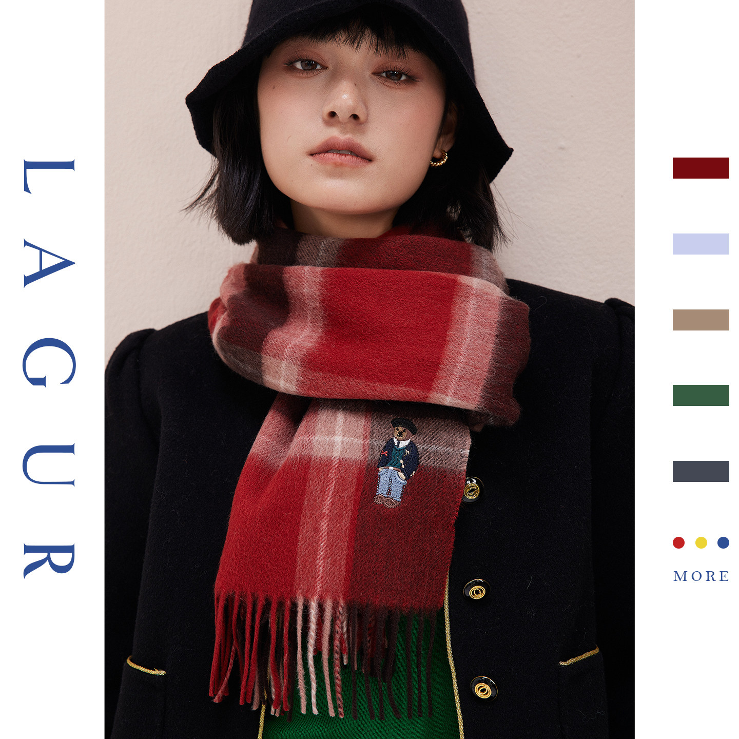 Lagur 英伦腔 &middot; 可爱小熊 新年红刺绣格子围巾女冬季高级感年会