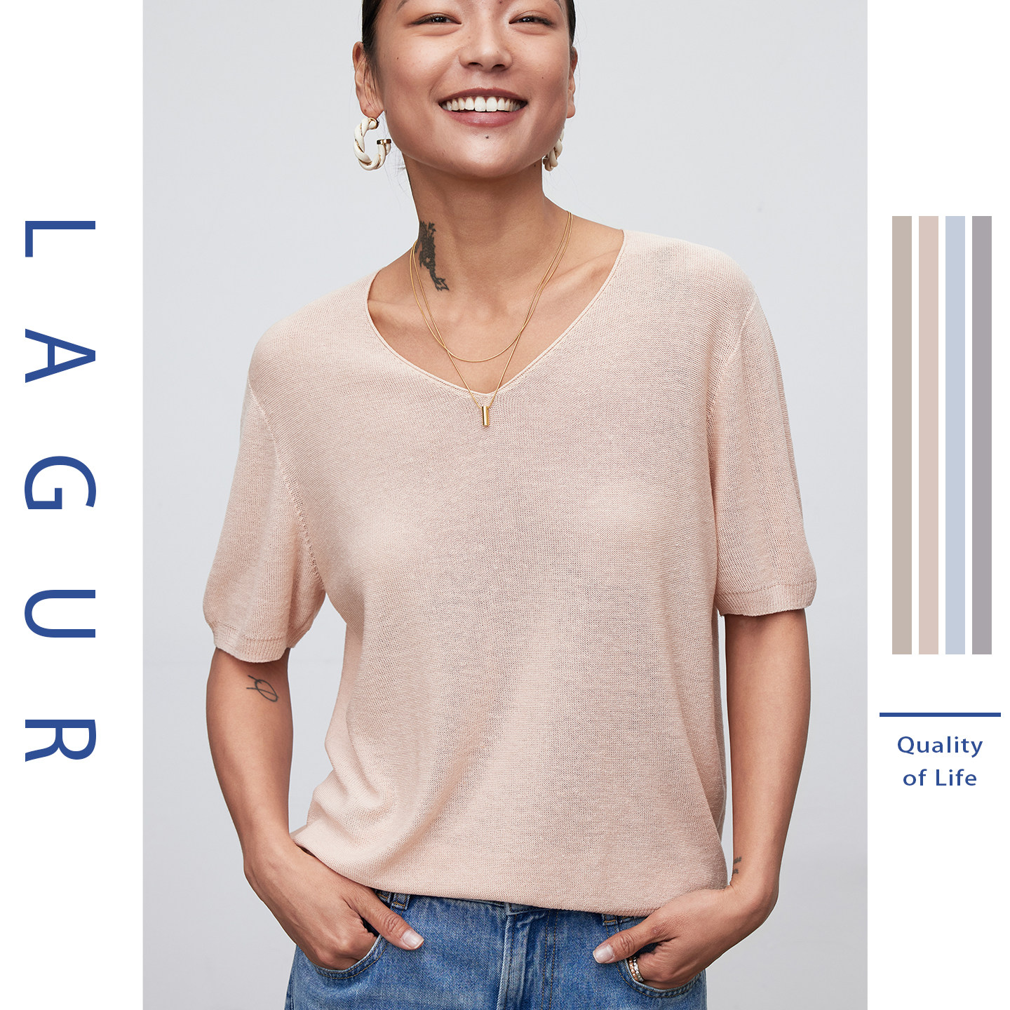Lagur短袖休闲风v领透气百搭T恤图片