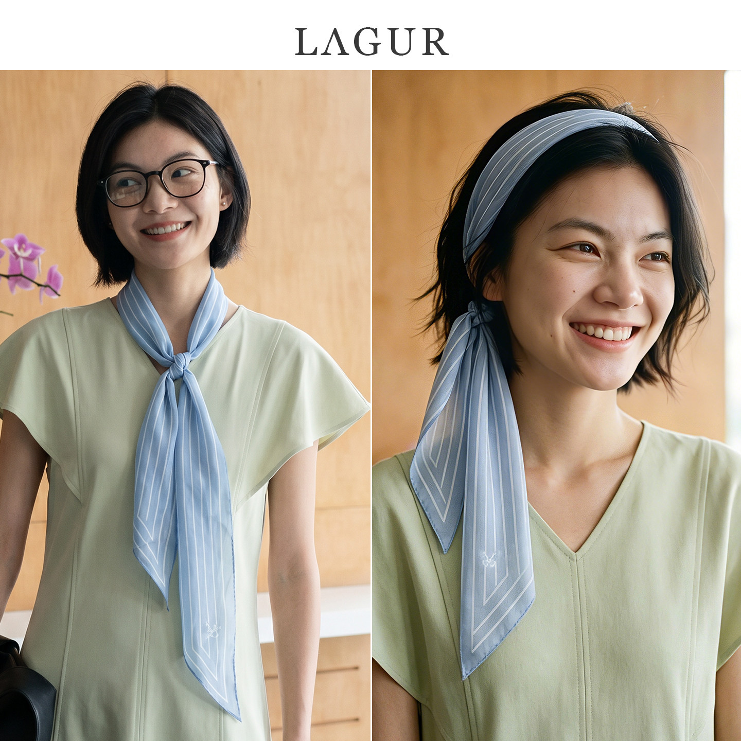 Lagur100%桑蚕丝条纹系脖女丝巾图片