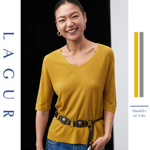 Lagur大V领短袖休闲上衣女T恤