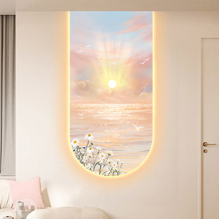 奶油风入户玄关装饰画灯光画客厅背景墙壁画日出海景走廊过道挂画