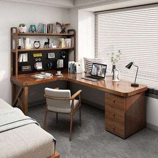 实木转角桌书桌书柜书架一体整墙定制L型拐角桌7字型学习桌子