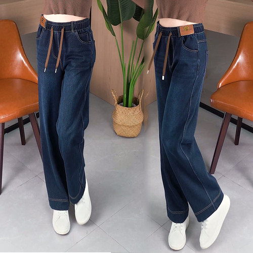 窄版松紧腰复古蓝牛仔裤