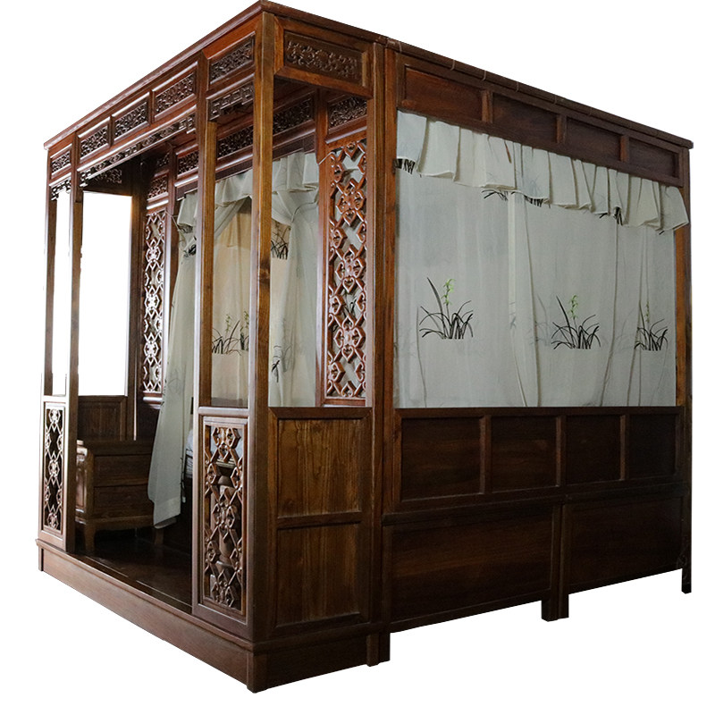 博帏中式蚊帐古典风格月洞拔步架子床浅咖水墨兰花绣花整体床幔