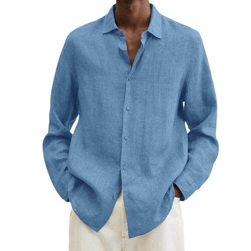 Long sleeved collar cotton linen shirt for men