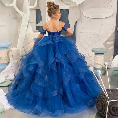 Flower Girl Dress Royal Blue Tulle Puffy Layered Appliques S