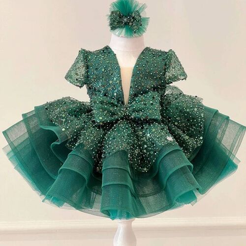 Flower Girl Dresses Cute Pink Glitter Sequined Shiny Puffy O