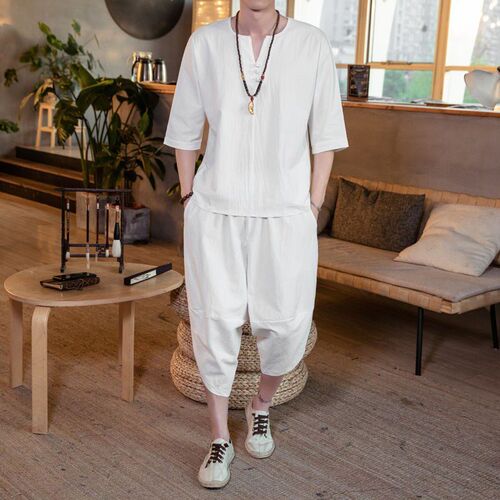 2025 Mens Linen Suit Chinese Style Plus Size Loose Cropped