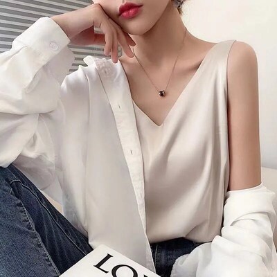 Satin Top Woman Clothes Summer White Tanks And Camis Female