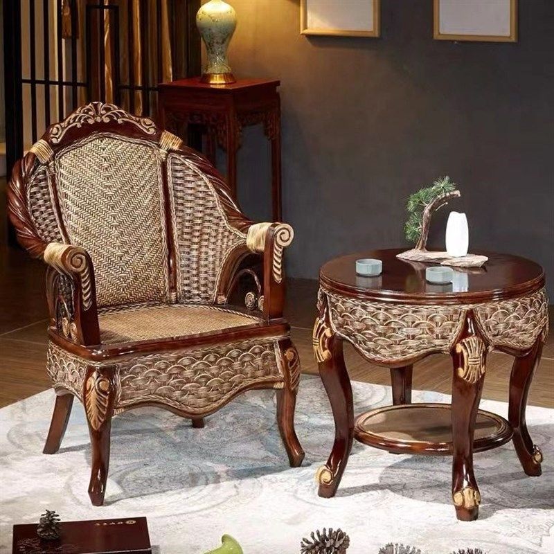 欧式真藤编阳台休闲单人藤椅茶几三件会客洽谈桌椅,住宅家具,阳台椅,淘宝优惠券,粉丝福利购,淘宝优惠卷