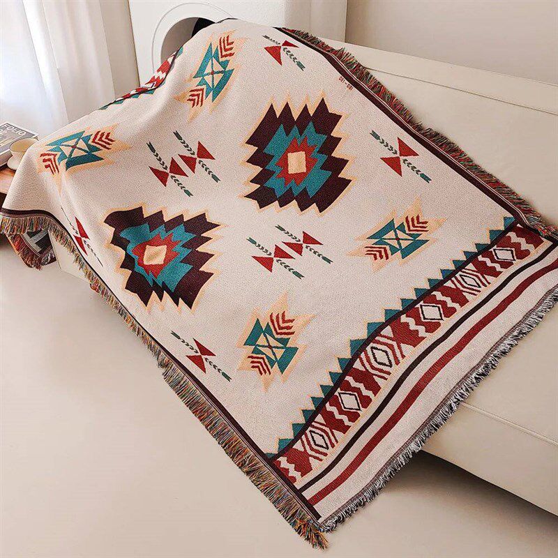 Aztec Blanket, Oversized Boho Throw Blanket with Fringe, Sou