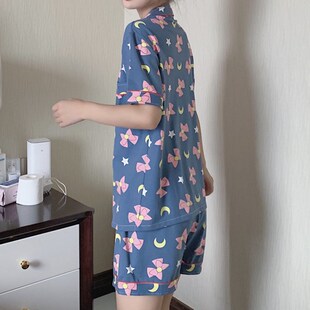 Womens Cotton Pajamas Set Turn-down Collar Pyjamas Short Sle