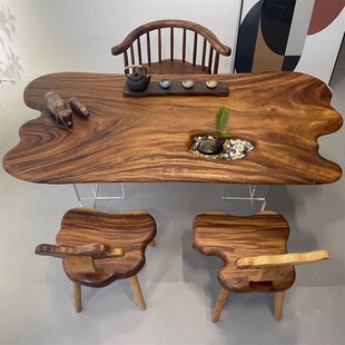 胡桃木实木大板桌随形自然边小茶几阳台茶桌椅家用泡茶台雨木