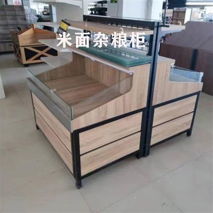 新款钢木结合超市散称货架干果糖果炒货五谷米休闲食品玻璃中岛柜