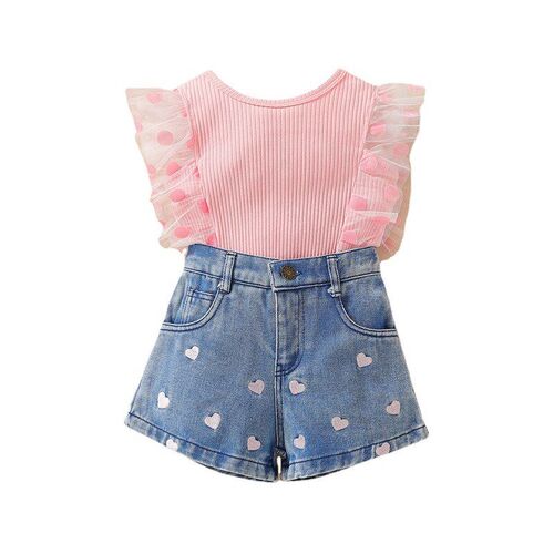 Girls Summer Clothing Set Mesh Spliced Sleeveless Top Hearts