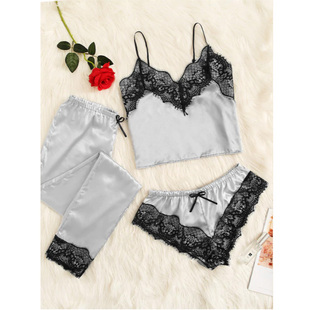 3pcs Women Satin Lace Mesh Sleepwear 9 Colors  Homewear Nigh