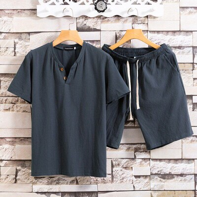 Summer Cotton Linen Pure Color 2Piece Set Mens Tshirt A24 fo