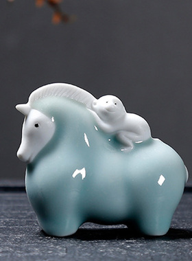 马上封侯拜相茶宠摆件陶瓷礼品大象猴子汝窑青瓷茶玩可养可爱招财