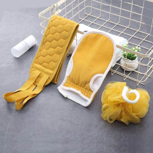 A three-piece home bath towel set, including a back scrubber