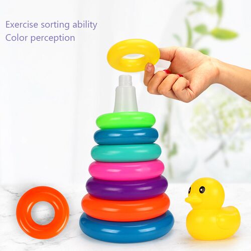 Childrens Little Yellow Duck Rainbow Tower Stacking Circle