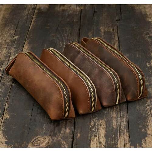 Vintage Coffee Leather Zipper Pencil Pen Pouch Bag - Small T