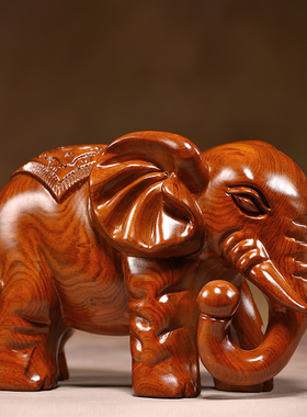 花梨木福财象摆件实木雕刻一对大象红木家居玄关办公室装饰工艺品