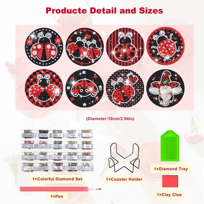 8pcs Diamond Painting Coaster DIY Cartoon Ladybug Animals Dr
