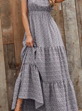 Print Maxi Dress Women Boho Summer Dress Female V Neck Patch