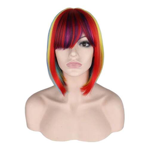 Women Short Straight Rainbow Bob Cosplay Wigs with Bangs Par