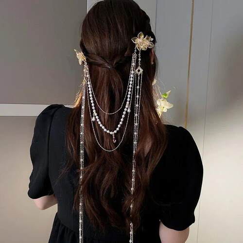 Fashion Peal Rhinestone Flower Hairpin Long Tassel Hair Claw