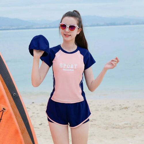 Two-Piece Kids Girls Swimming Suit O Neck Short Sleeve Patch