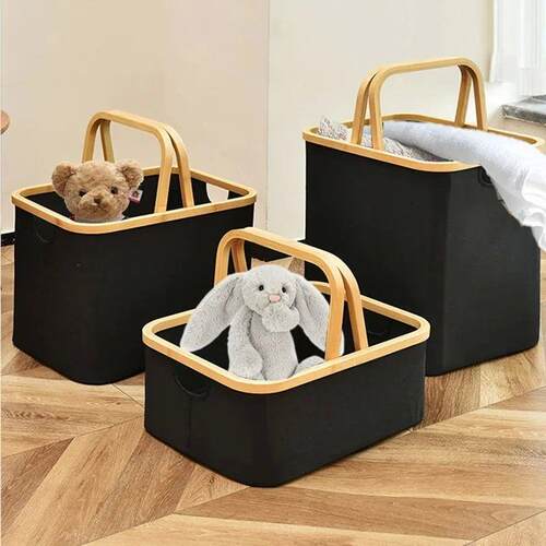 Bamboo Handle Storage Basket Large Capacity Foldable Bathroo