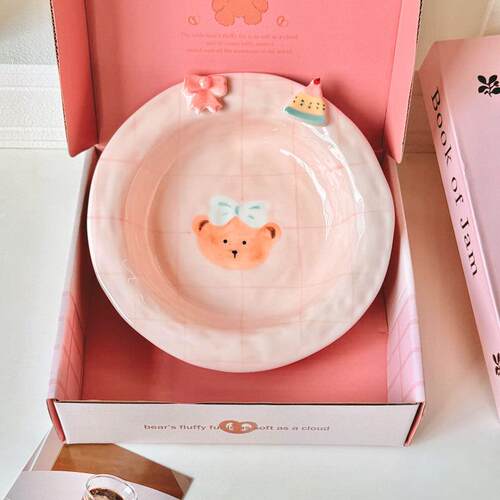 Pink Bear Ceramic Bowls Plates Cute Hand-Painted Tableware