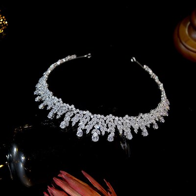 Luxury Bridal Crown Lengthened Tiara Cubic Zirconia Inlaid H