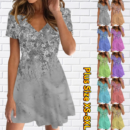 Women New Design Printing V-Neck Dress Summer Slim Skirt