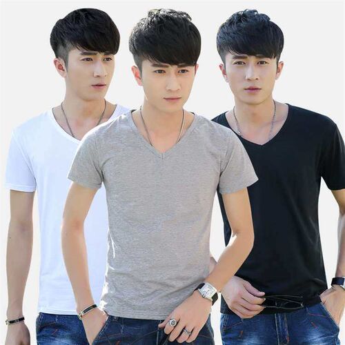 Summer New Mens Pure White V-neck Mens Short-sleeved T-shi
