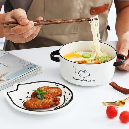 Large Ceramic Bowl with Lid for Students Japanese Style Cute