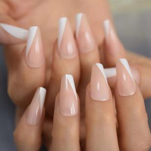 French Angled Tapered Medium Coffin Press On Nails White Ti