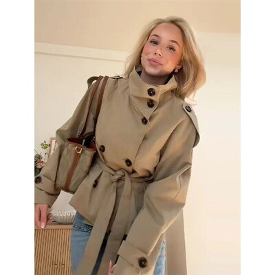 Women Solid Lace Up Trench Coat Elegant High Neck Double Bre