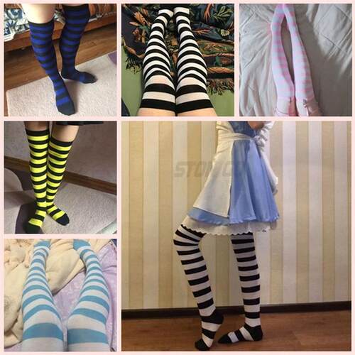 Fashion Lady Over Knee Long Stripe Printed Stockings Thigh H