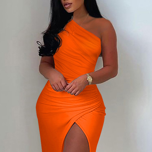 2021 Summer Elegant Solid One Shoulder High Split Thigh Ruch