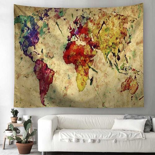 World Map Scenery Printed Polyester Wall Hanging Tapestry R
