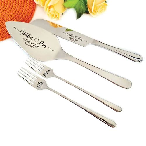 Personalized Wedding Cake and Knife Server Set With Forks We